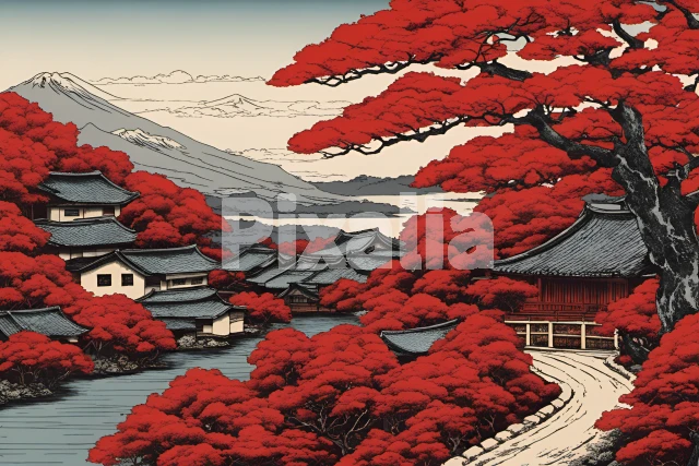 紅葉の日本画の葛飾北斎風AIイラスト」の無料画像 ｜Pixalia 会員登録